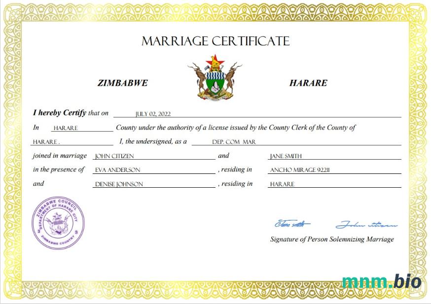 Zimbabwe akt małżeństwa Word i PDF szablon
